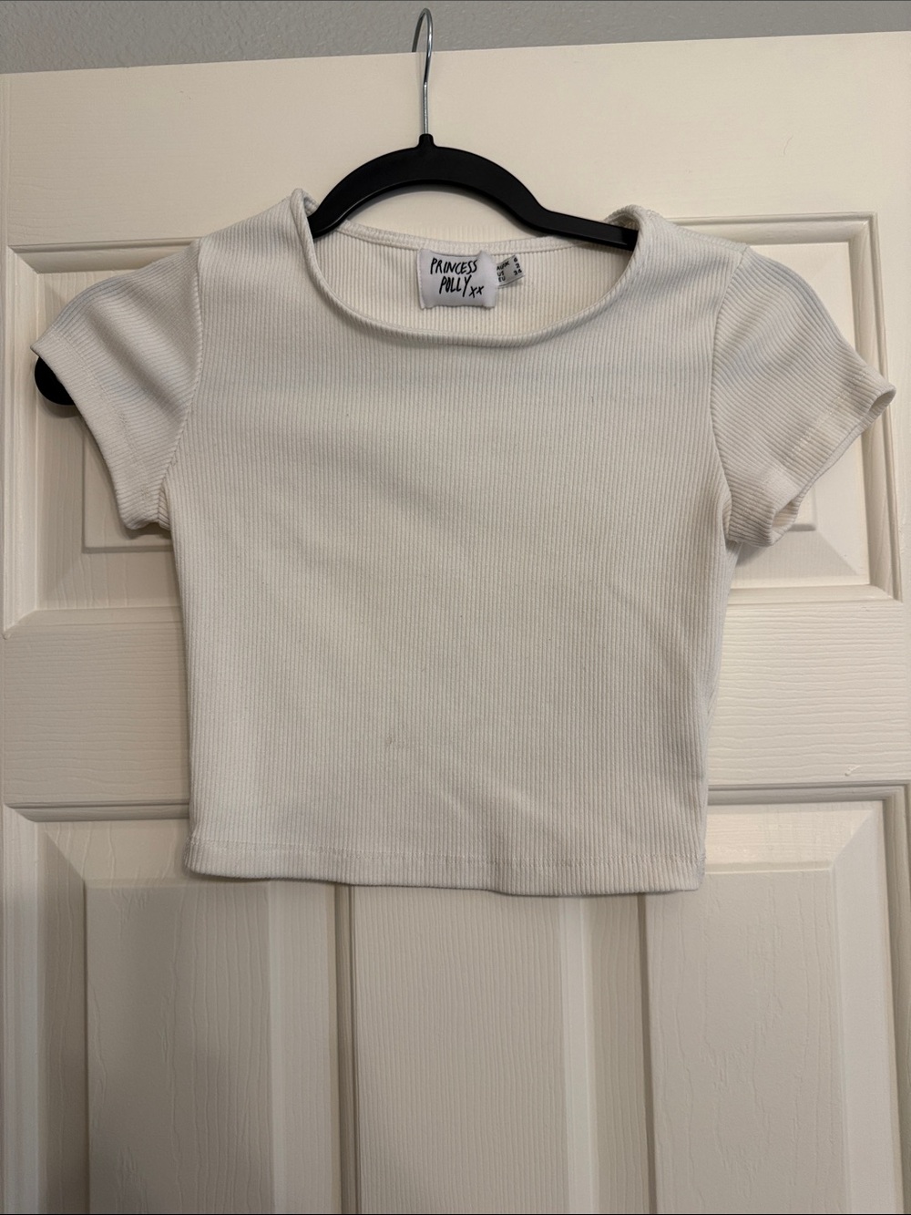 Princess Polly Cream Ribbed Short Sleeve Crop Tee